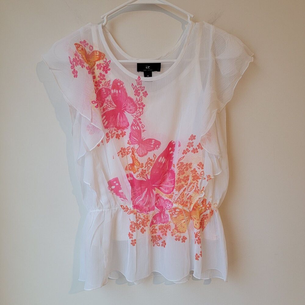 Y2K Iz Byer Womens Top Size Medium‎ M Butterfly Shirt Chiffon Ruffle